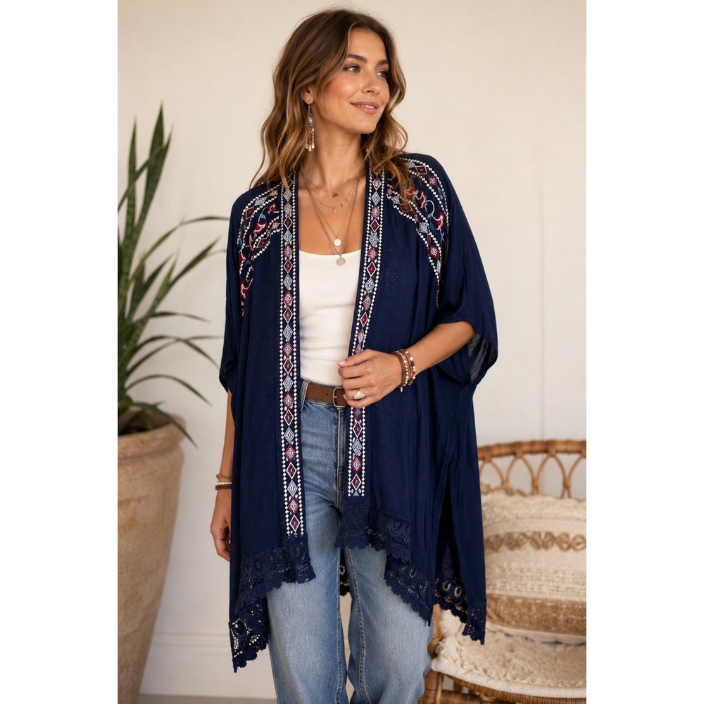 Artesia Embroidered Boho Kimono Cardigan Navy Open Front Lace‎ Hem NWT XS